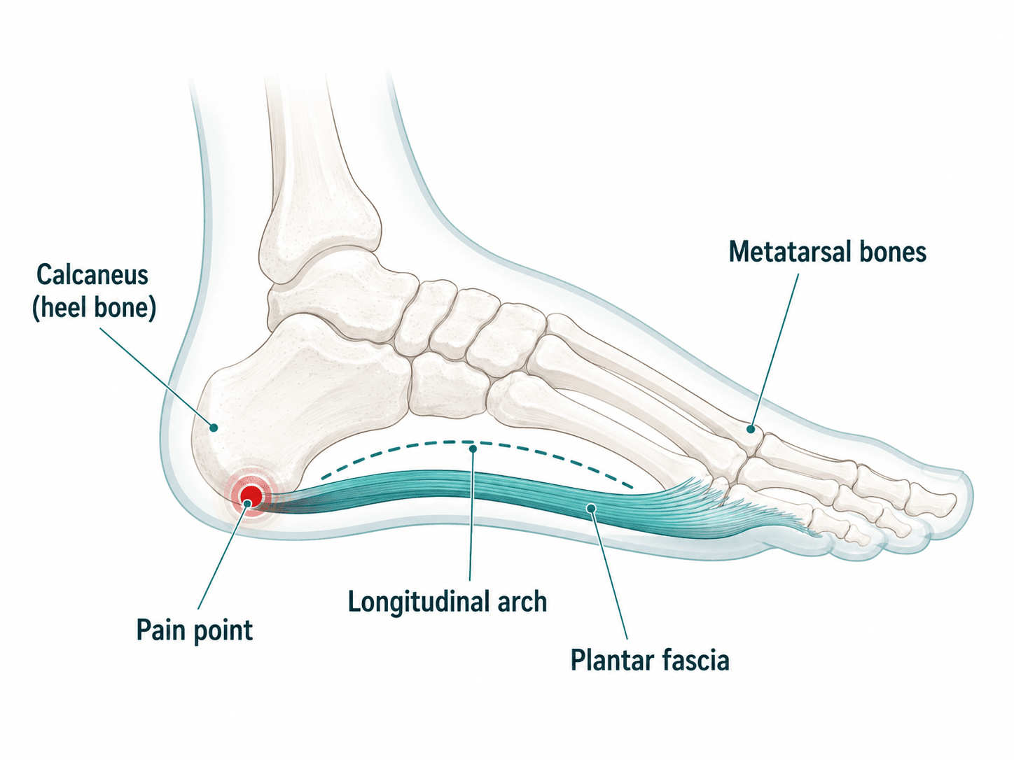 Plantar fasciitis anatomy diagram showing the plantar fascia band, calcaneus, pain point, longitudinal arch and metatarsal bones