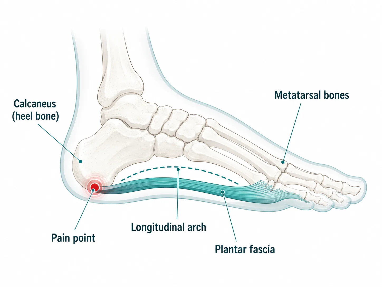 Plantar fasciitis anatomy diagram showing the plantar fascia band, calcaneus, pain point, longitudinal arch and metatarsal bones