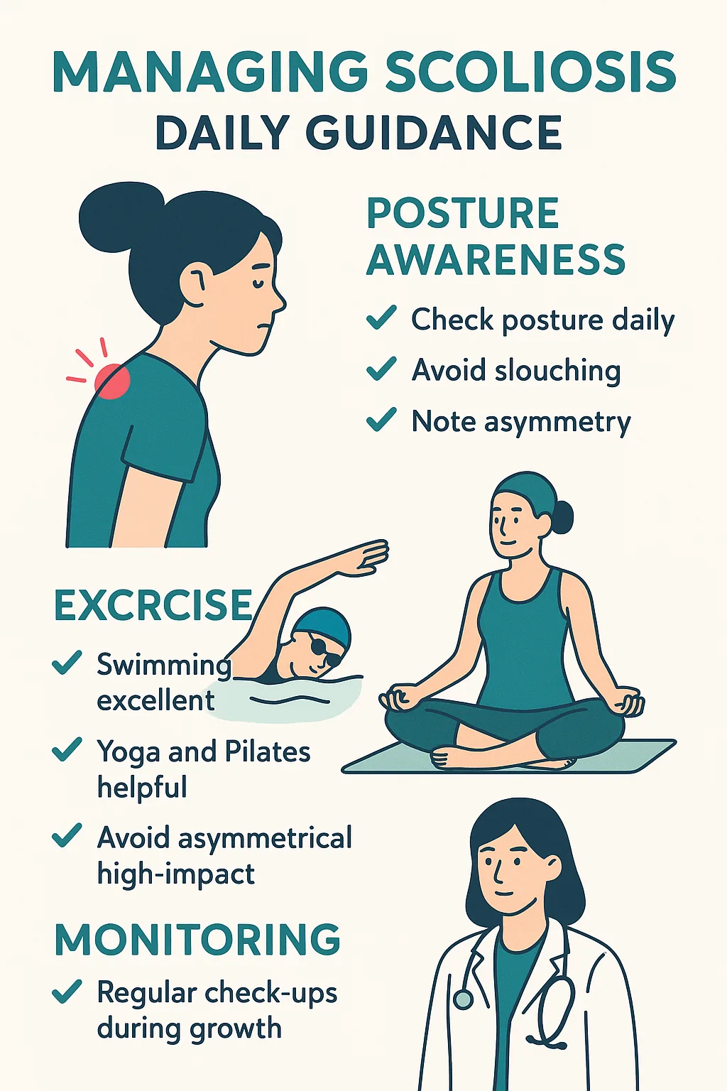 Scoliosis self-care routine infographic